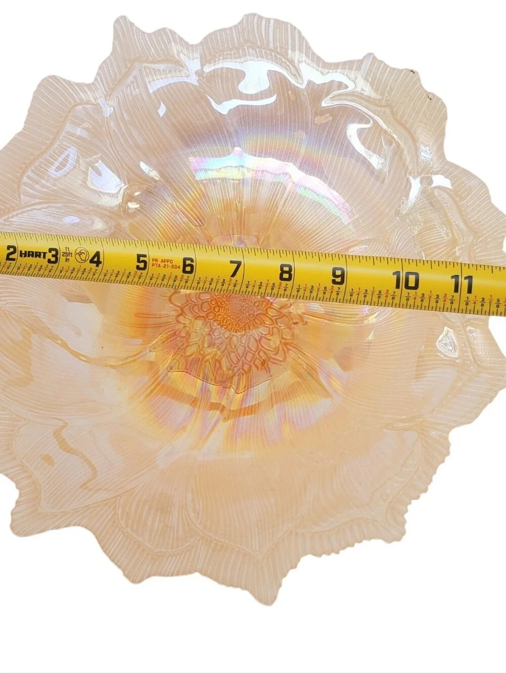 Vintage Iridescent Carnival Glass Bowl Marigold Ruffled Edge Floral 11”
